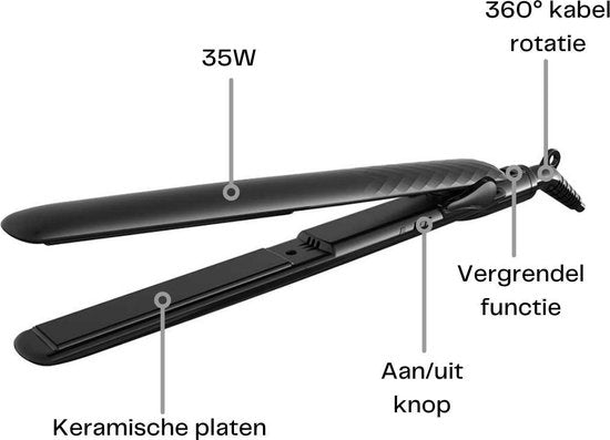 Lentz Stijltang Zwart – Keramische Platen – 35W – 360° Draaibare Kabel