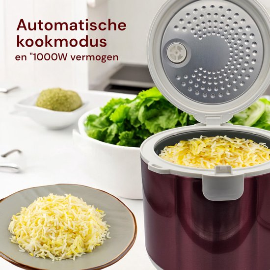 Royal Swiss Rijstkoker 2.8L Donkerrood – 1000W Elektrische Rijstkoker met Antiaanbaklaag & Warmhoudfunctie