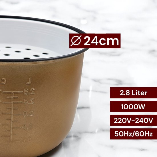 Royal Swiss Rijstkoker 2.8L Donkerrood – 1000W Elektrische Rijstkoker met Antiaanbaklaag & Warmhoudfunctie