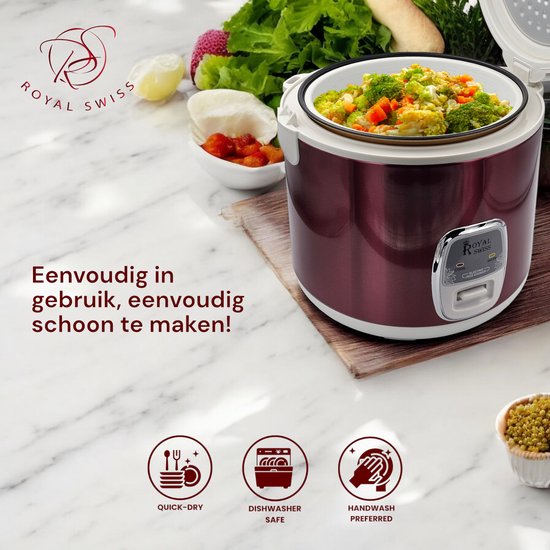 Royal Swiss Rijstkoker 2.8L Donkerrood – 1000W Elektrische Rijstkoker met Antiaanbaklaag & Warmhoudfunctie