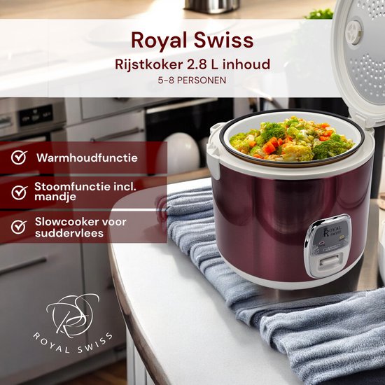 Royal Swiss Rijstkoker 2.8L Donkerrood – 1000W Elektrische Rijstkoker met Antiaanbaklaag & Warmhoudfunctie