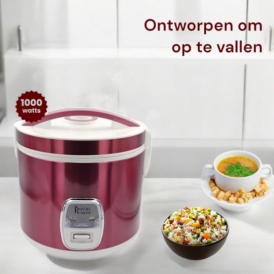 Royal Swiss Rijstkoker 2.8L Donkerrood – 1000W Elektrische Rijstkoker met Antiaanbaklaag & Warmhoudfunctie