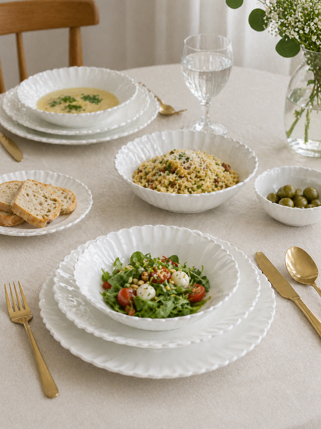 Avangarde Pearl Serviesset 24-delig – Luxe Wit Dinner Set – Borden & Kommen – Modern Golf Design – 6 Personen Servies