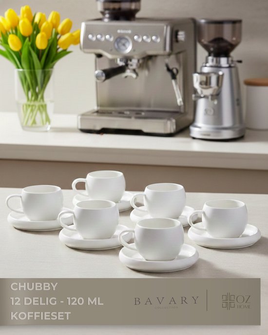 Bavary Chubby Espresso Kopjes met Schotel 12-delig – 120 ml – Wit Porselein – Set voor 6 Personen – Vaatwasserbestendig