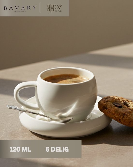 Bavary Chubby Espresso Kopjes met Schotel 12-delig – 120 ml – Wit Porselein – Set voor 6 Personen – Vaatwasserbestendig