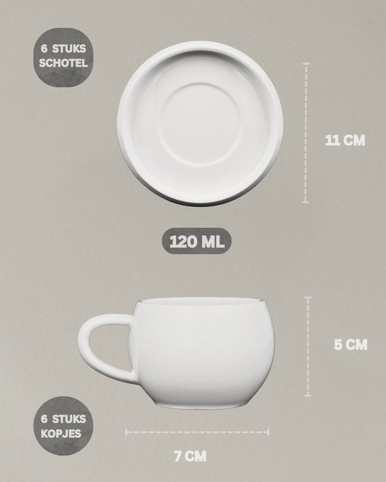 Bavary Chubby Espresso Kopjes met Schotel 12-delig – 120 ml – Wit Porselein – Set voor 6 Personen – Vaatwasserbestendig