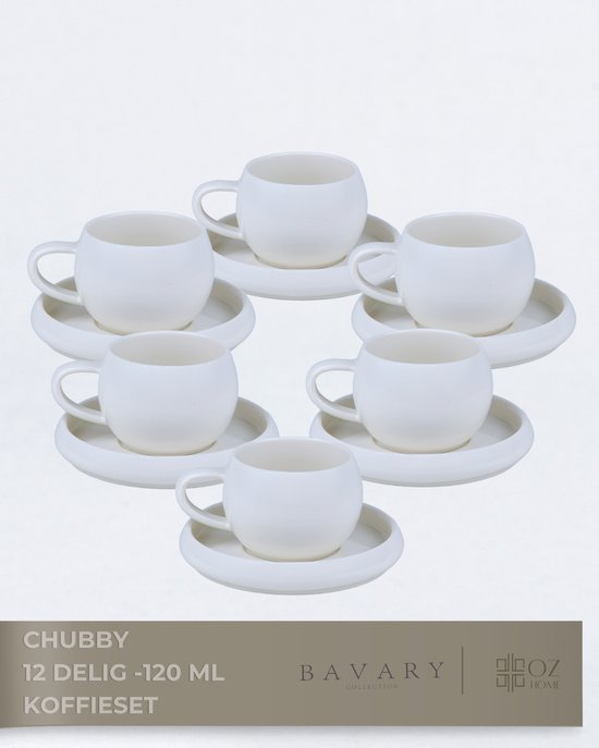 Bavary Chubby Espresso Kopjes met Schotel 12-delig – 120 ml – Wit Porselein – Set voor 6 Personen – Vaatwasserbestendig