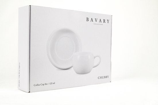 Bavary Chubby Espresso Kopjes met Schotel 12-delig – 120 ml – Wit Porselein – Set voor 6 Personen – Vaatwasserbestendig