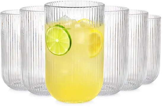 Bavary Drinkglazen 420 ml – Set van 6 – Ribbelglazen – Waterglazen & Limonadeglazen – Transparant Glas