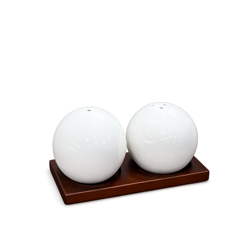 Bavary Acacia Bondy Zout & Peperset – Keramische Peper en Zoutvaatjes met Acacia Houten Tray – Chubby Design – Wit