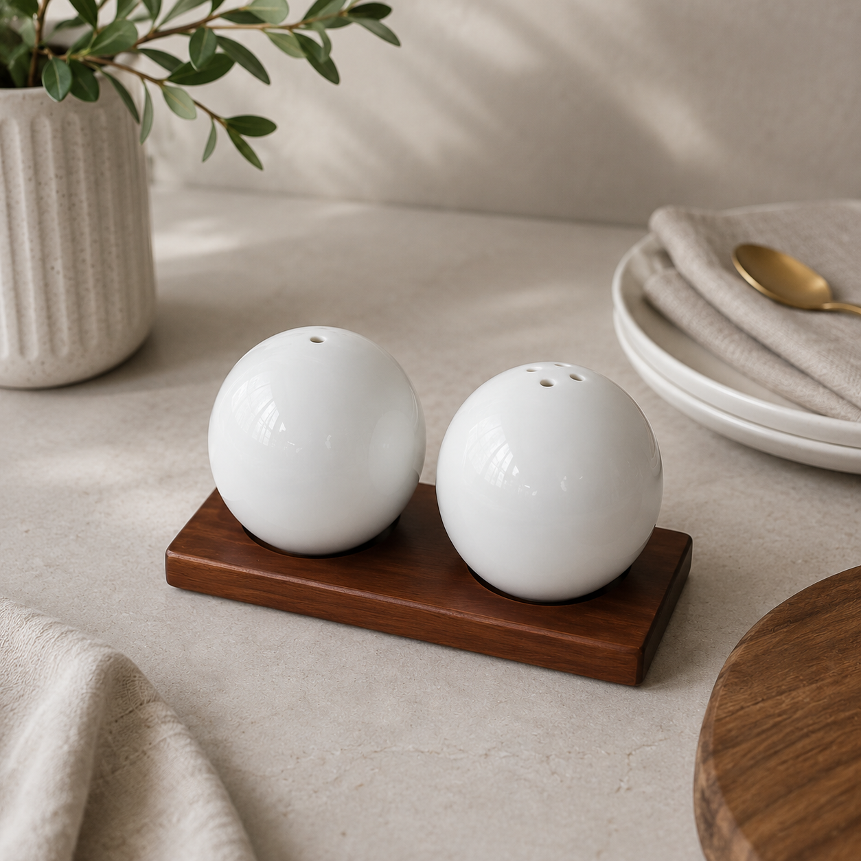 Bavary Acacia Bondy Zout & Peperset – Keramische Peper en Zoutvaatjes met Acacia Houten Tray – Chubby Design – Wit
