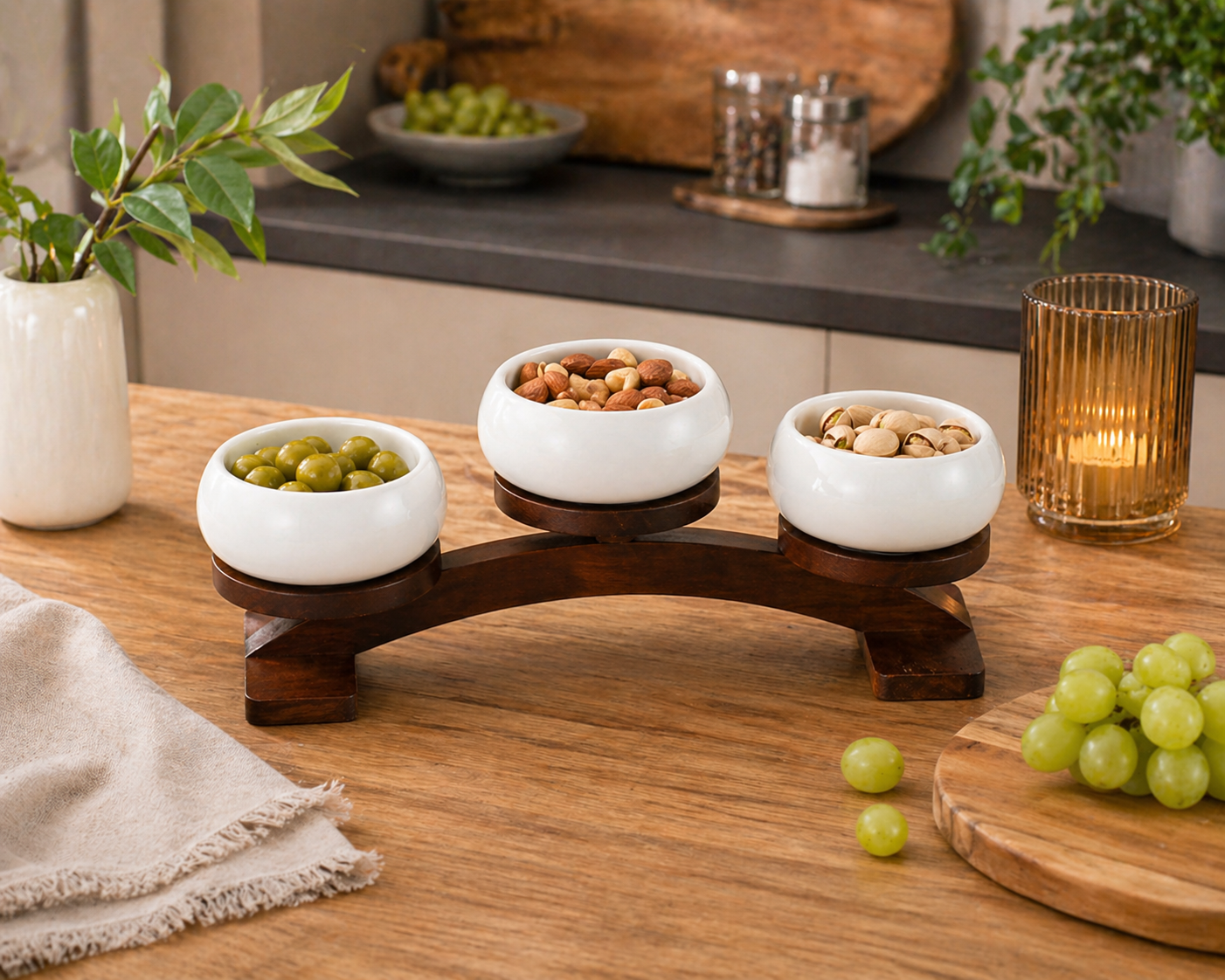 Bavary Chubby Snackschalen Set 4-delig Keramiek Wit met Acacia Hout Luxe Serveerset Tapas Dips Snacks
