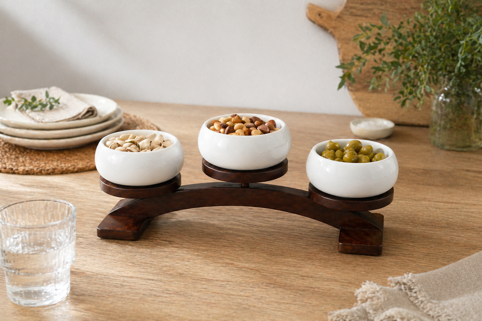 Bavary Chubby Snackschalen Set 4-delig Keramiek Wit met Acacia Hout Luxe Serveerset Tapas Dips Snacks