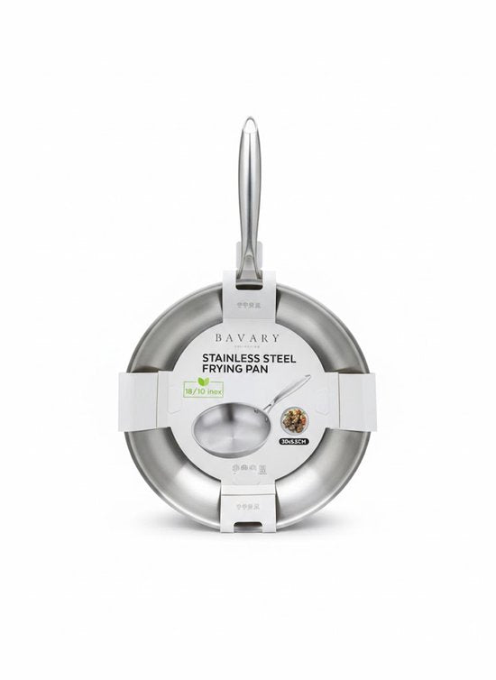 Bavary Collection RVS Koekenpan 30 Cm 18/10 Inox – Inductie Geschikt – Ongecoat & PTFE-vrij – Voor Alle Warmtebronnen