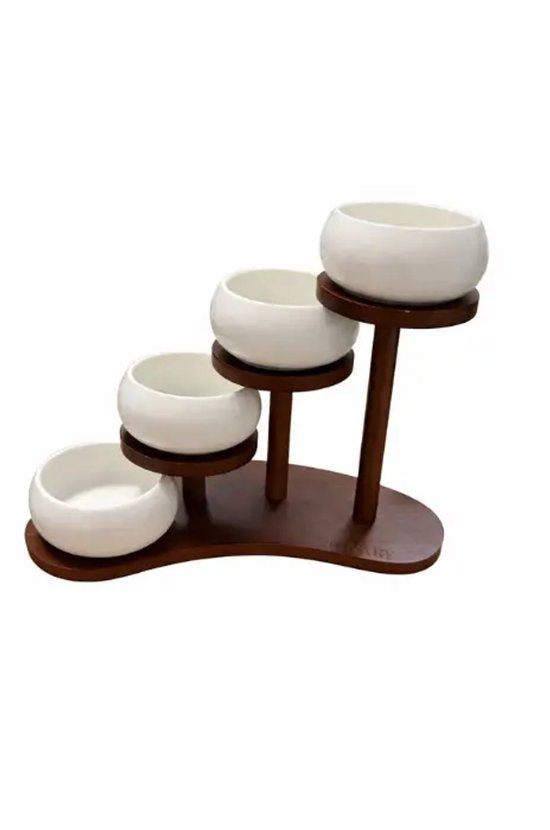 Bavary Collection Snackschalen 4-delig – Keramiek Wit & Acacia Hout – Trapsgewijze Serveerset voor Tapas, Dips en Snacks
