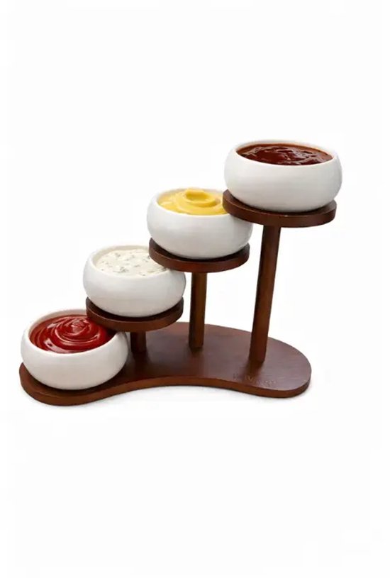 Bavary Collection Snackschalen 4-delig – Keramiek Wit & Acacia Hout – Trapsgewijze Serveerset voor Tapas, Dips en Snacks