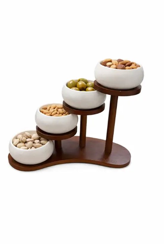 Bavary Collection Snackschalen 4-delig – Keramiek Wit & Acacia Hout – Trapsgewijze Serveerset voor Tapas, Dips en Snacks