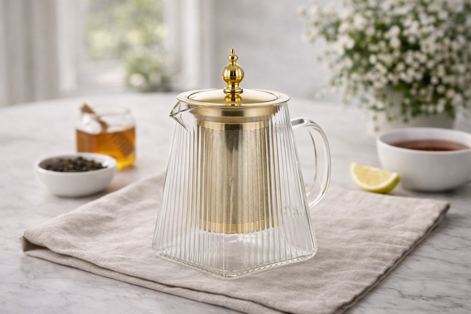 Bavary Glazen Theepot 950 ml – Met Gouden Filter & Deksel – Luxe Theepot voor Losse Thee en Kruiden