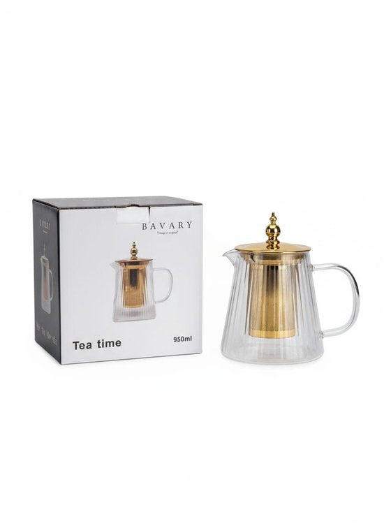 Bavary Glazen Theepot 950 ml – Met Gouden Filter & Deksel – Luxe Theepot voor Losse Thee en Kruiden