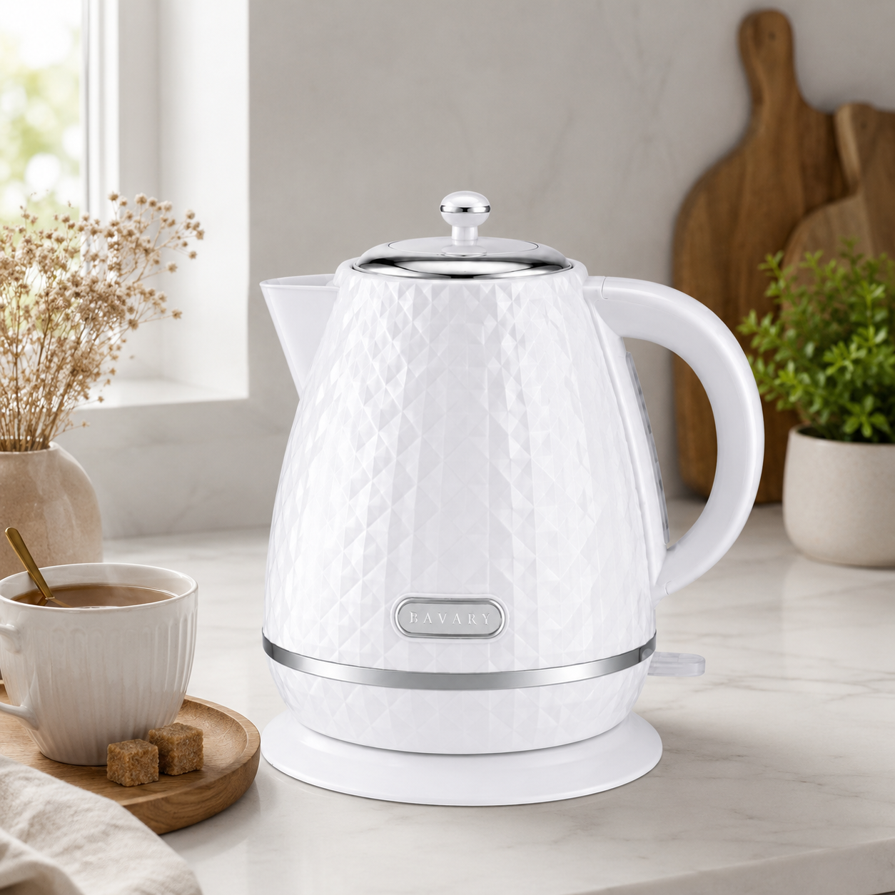 Bavary Luxe Waterkoker 1.7L – Diamant Design – Snelle Elektrische Waterkoker met Automatische Uitschakeling – Wit