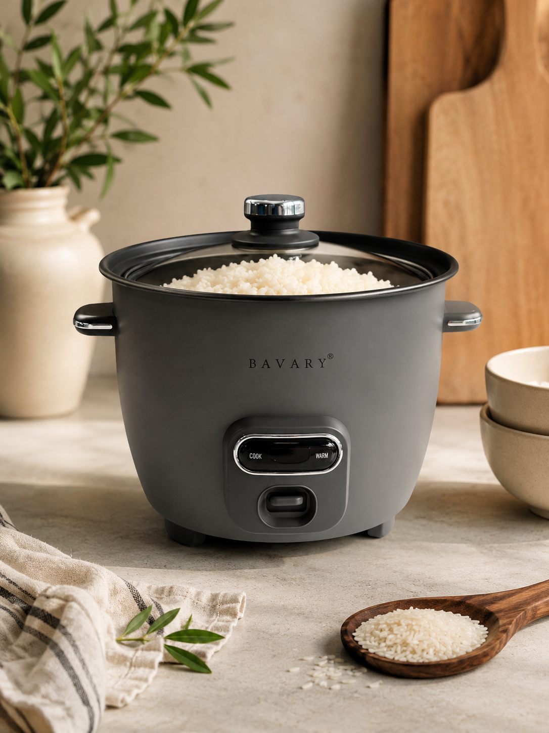Bavary Rijstkoker 1.8 Liter Grijs – Elektrische Rice Cooker met Accessoires, Warmhoudfunctie en Glazen Deksel