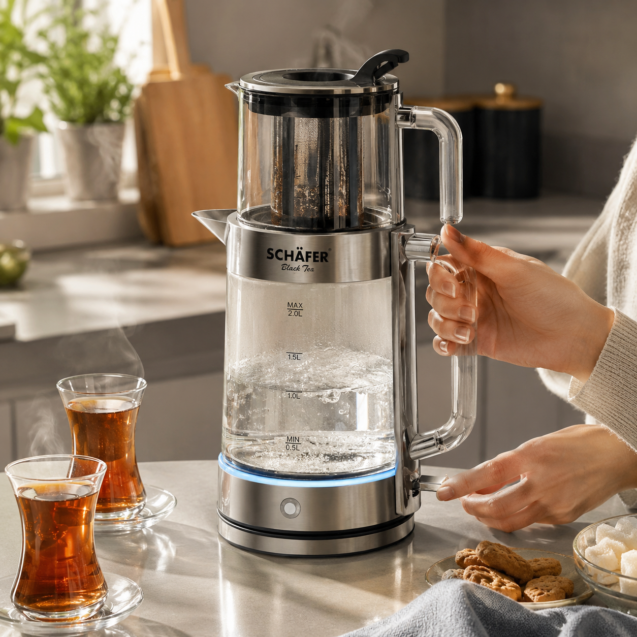 SCHÄFER Black Tea Elektrische Theemachine 2.0L| 0.8L – Glazen Waterkoker met Theefilter – RVS – LED Verlichting – Turkse Theemaker / Semaver