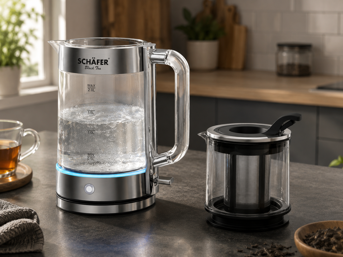 SCHÄFER Black Tea Elektrische Theemachine 2.0L| 0.8L – Glazen Waterkoker met Theefilter – RVS – LED Verlichting – Turkse Theemaker / Semaver