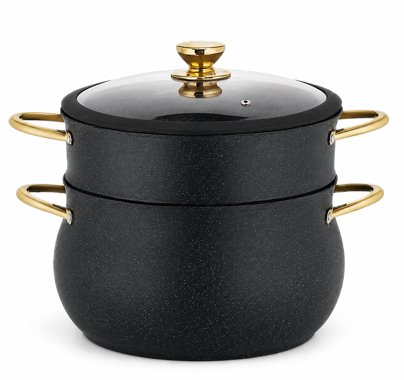 Kadirelli Couscouspan 28 cm – 12 Liter Stoompan voor Inductie – Aluminium Couscous & Stoomkoker met Glazen Deksel – Zwart/Goud
