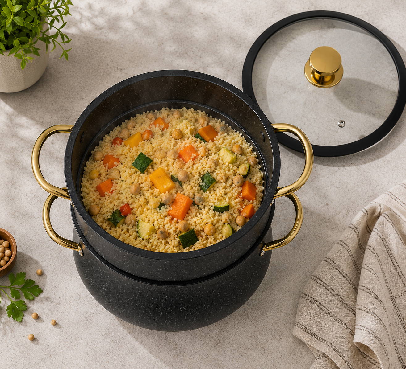 Kadirelli Couscouspan 28 cm – 12 Liter Stoompan voor Inductie – Aluminium Couscous & Stoomkoker met Glazen Deksel – Zwart/Goud