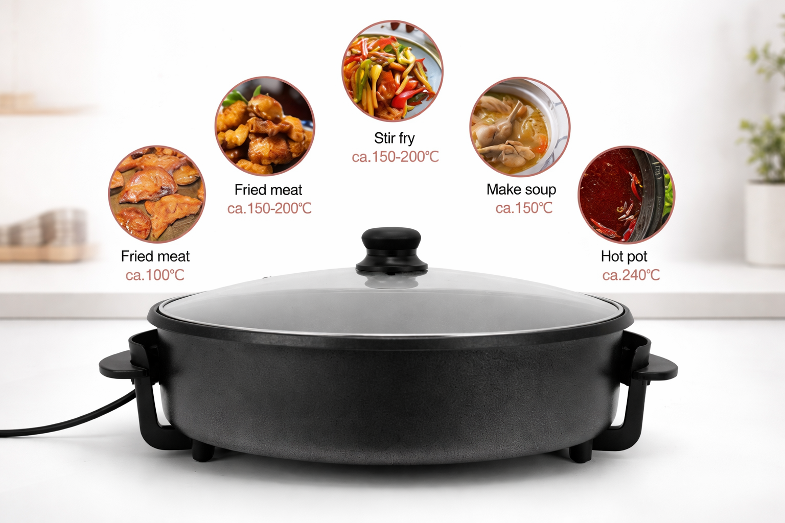 Teffo Elektrische Pizza- en Hapjespan 40/9 cm – Multifunctionele Pan met Deksel & Thermostaat