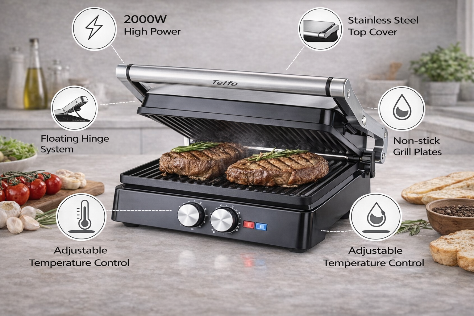 Teffo Panini Grill Contactgrill 30×24 cm – 2000W – Zwevend Deksel – Antiaanbak Grillplaten