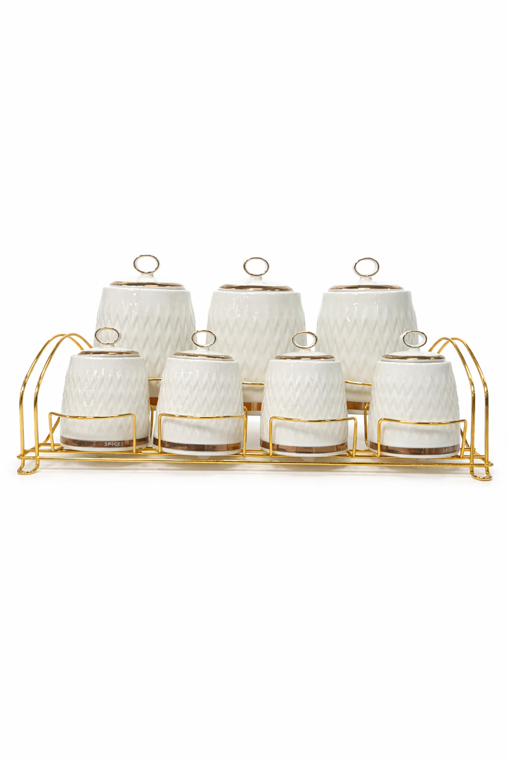Bavary Canister Set met Gouden Rek – 7-Delige Luxe Keramische Voorraadpotten Set Wit & Goud