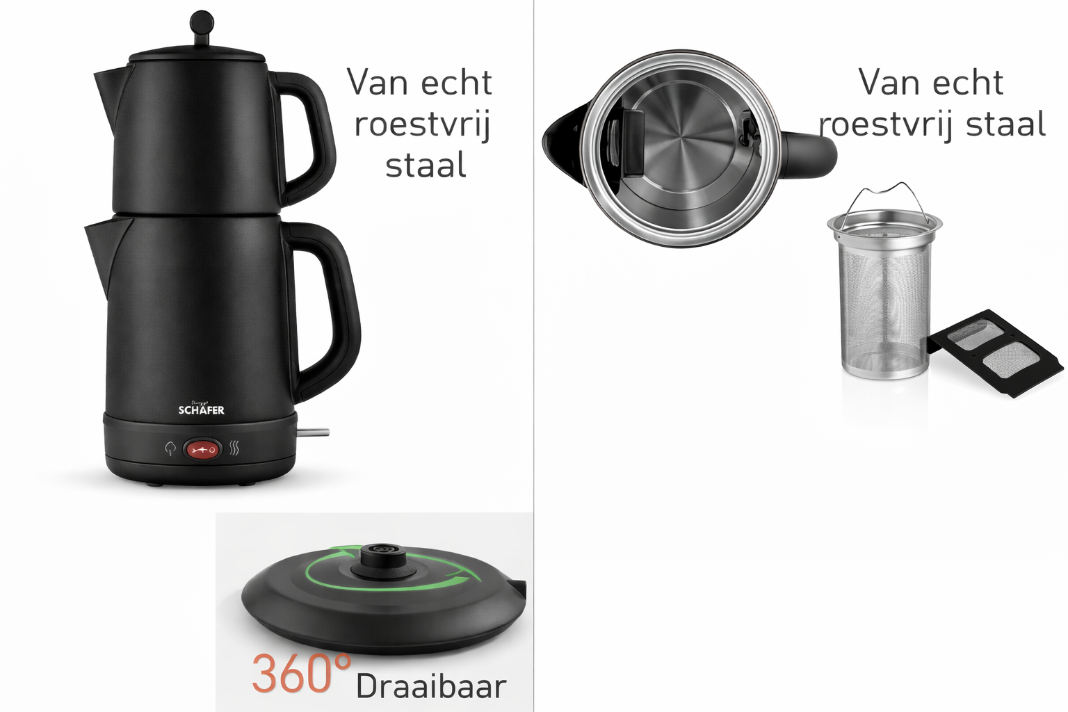 Schäfer Elektrische Turkse Theemaker – 1,7L Waterkoker + 1,0L Theepot – 2200W – RVS – Zwart