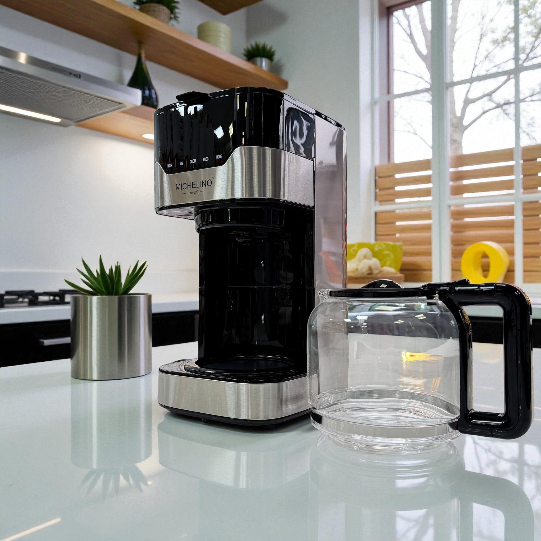 Michelino Koffiezetapparaat met Timer – 12 Kopjes – Glazen Kan – Druppel Koffiemachine – RVS/Zwart – Programmeerbaar