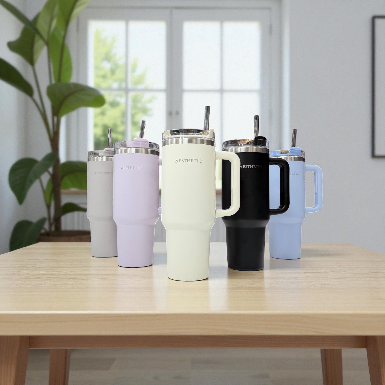 Thermobeker met Handvat & Rietje – Dubbelwandig RVS – Aesthetic Design