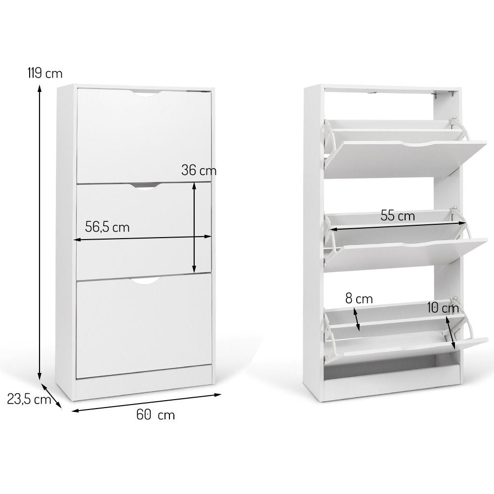 Witte Schoenenkast met 3 Kanteldeuren – Smal Schoenenrek Hal Kast – 60x119 cm