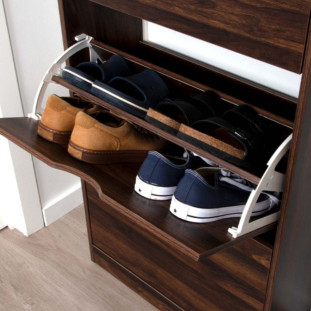 Donkerbruine Schoenenkast met 3 Kanteldeuren – Houten Schoenenrek – 60x119 cm