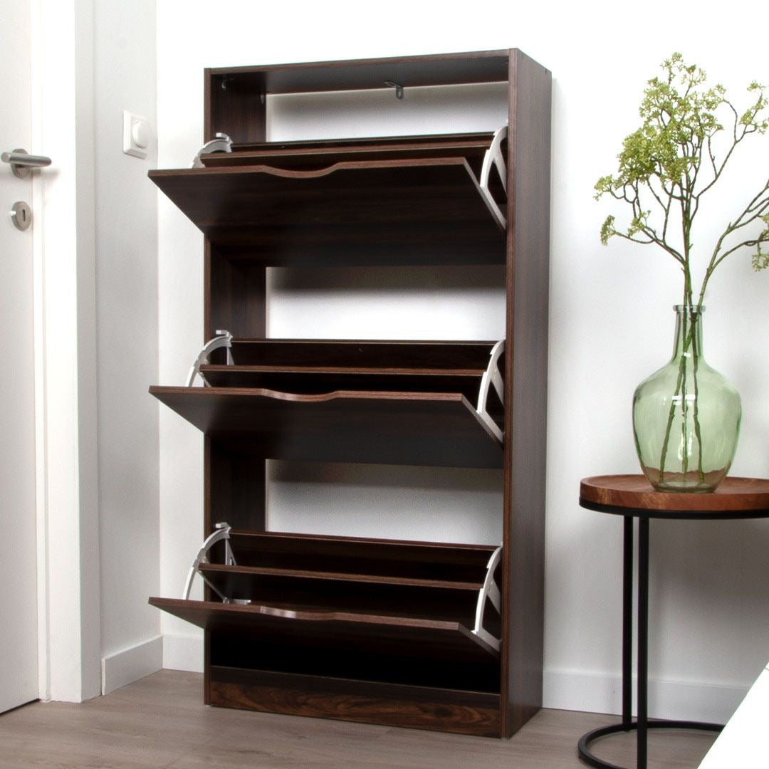 Donkerbruine Schoenenkast met 3 Kanteldeuren – Houten Schoenenrek – 60x119 cm
