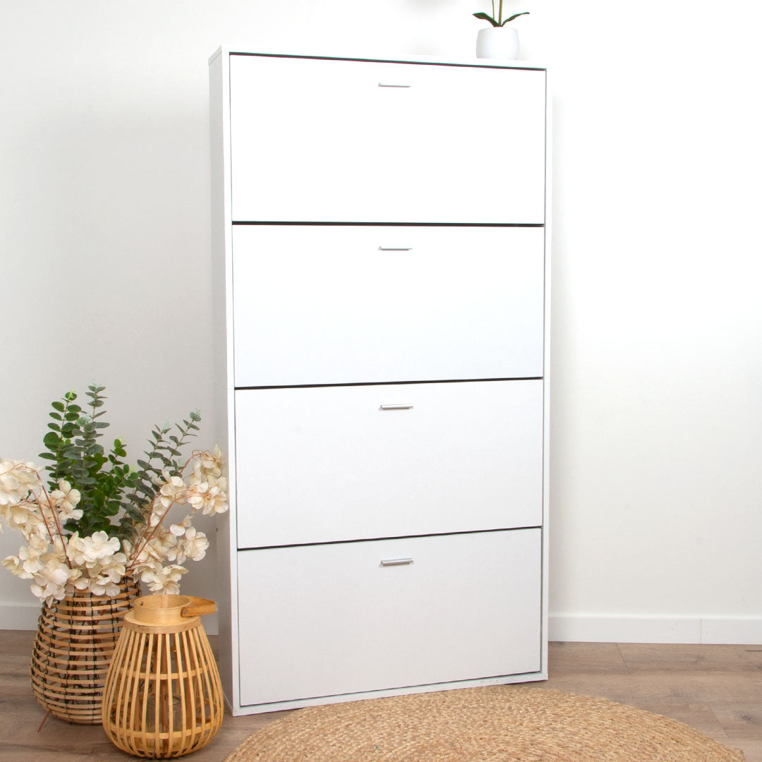 Witte Schoenenkast met 4 Deuren – Smalle Hal Kast – Schoenenrek – 80x152 cm