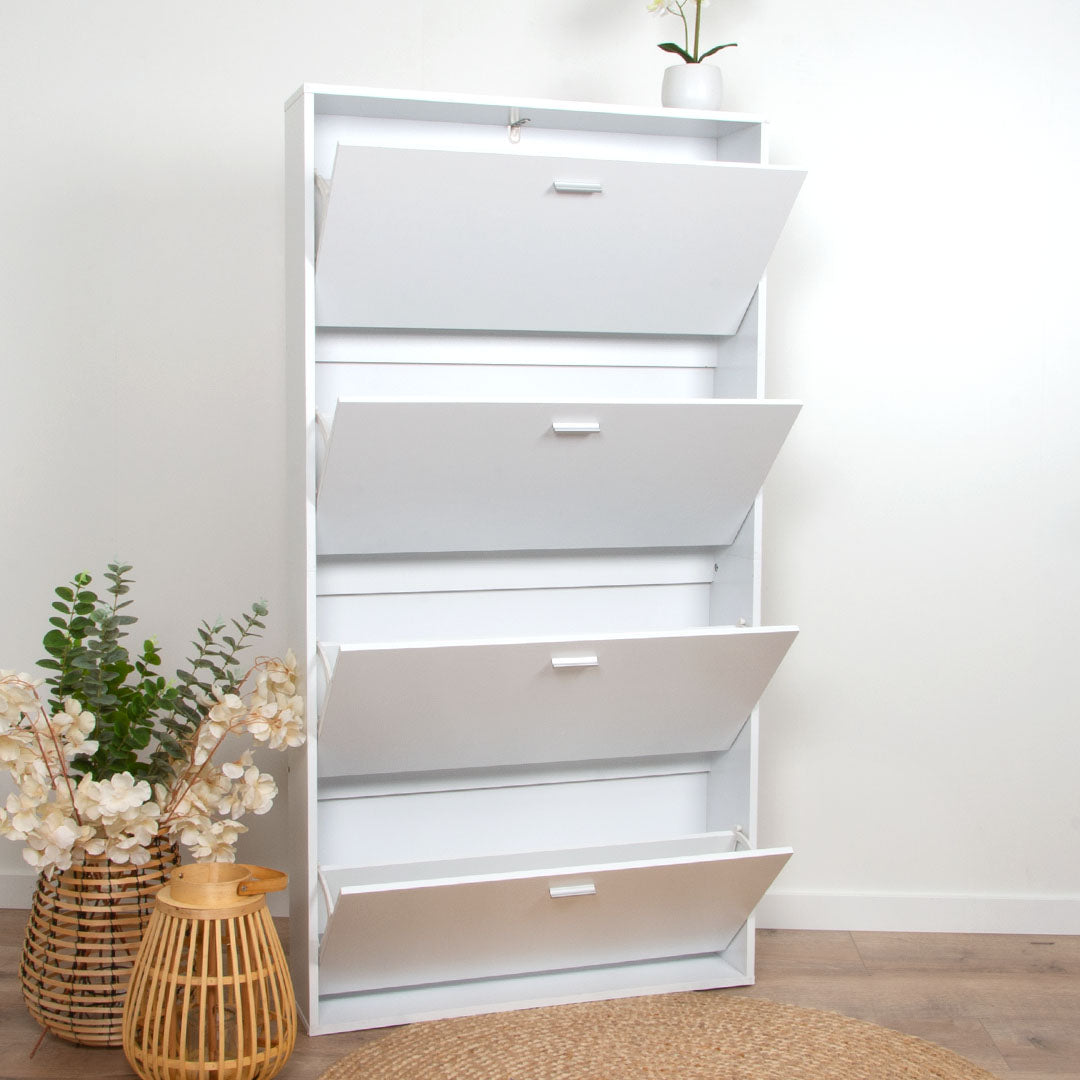 Witte Schoenenkast met 4 Deuren – Smalle Hal Kast – Schoenenrek – 80x152 cm