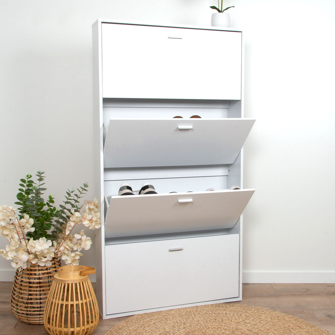 Witte Schoenenkast met 4 Deuren – Smalle Hal Kast – Schoenenrek – 80x152 cm