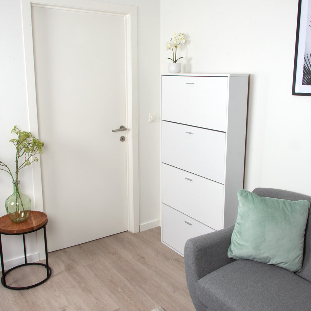 Witte Schoenenkast met 4 Deuren – Smalle Hal Kast – Schoenenrek – 80x152 cm