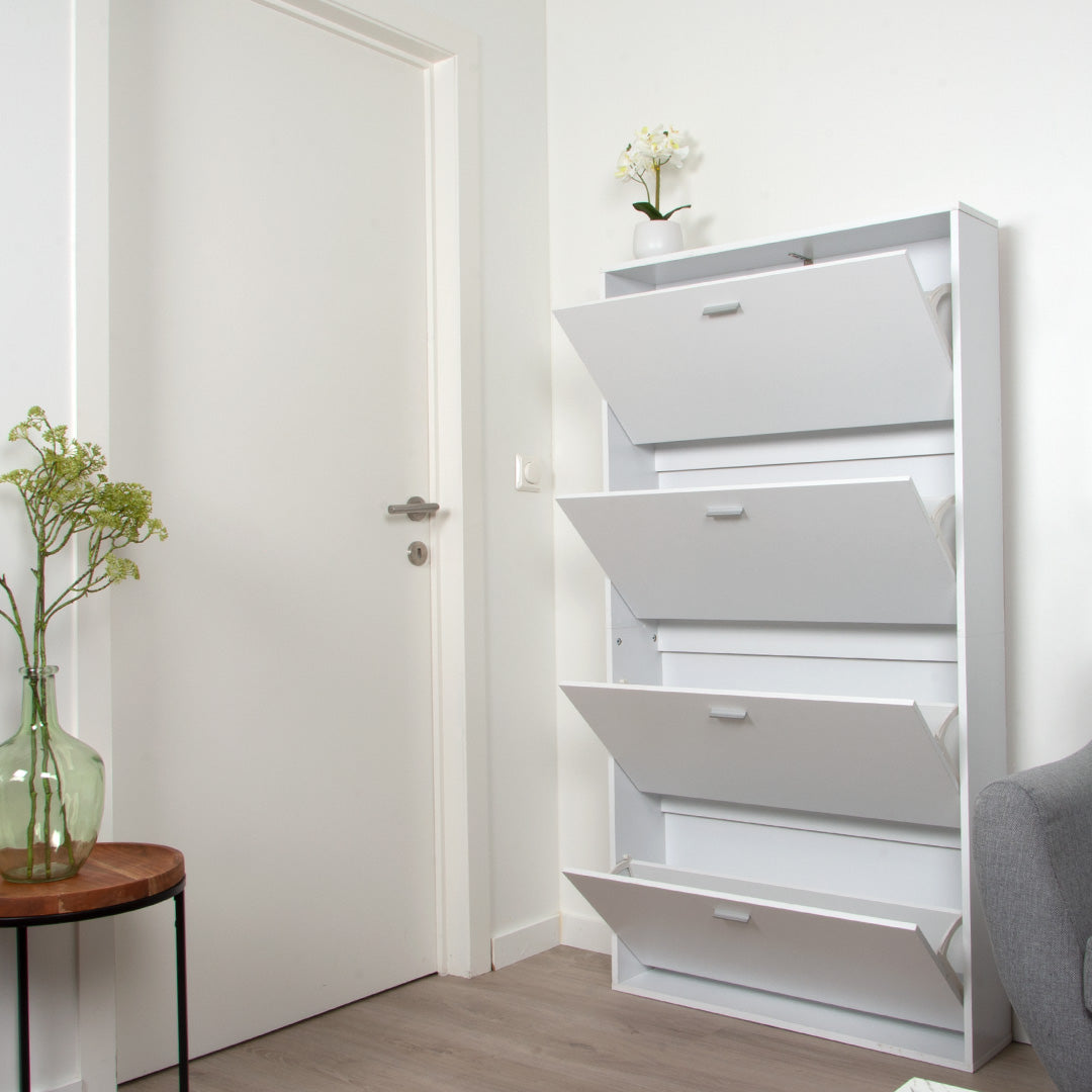 Witte Schoenenkast met 4 Deuren – Smalle Hal Kast – Schoenenrek – 80x152 cm