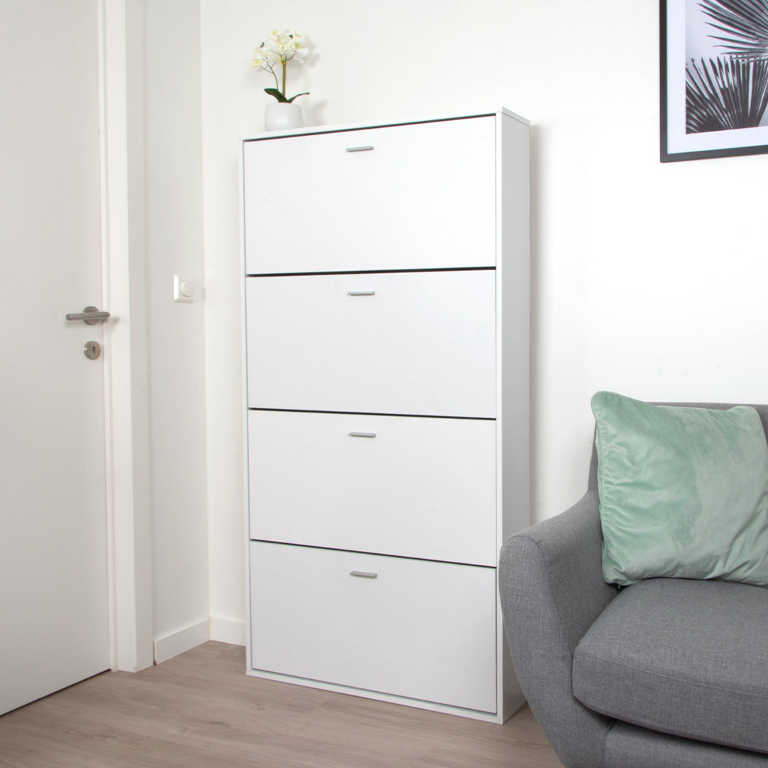 Witte Schoenenkast met 4 Deuren – Smalle Hal Kast – Schoenenrek – 80x152 cm