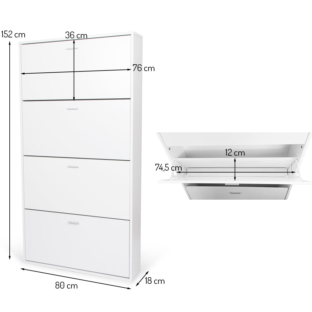Witte Schoenenkast met 4 Deuren – Smalle Hal Kast – Schoenenrek – 80x152 cm