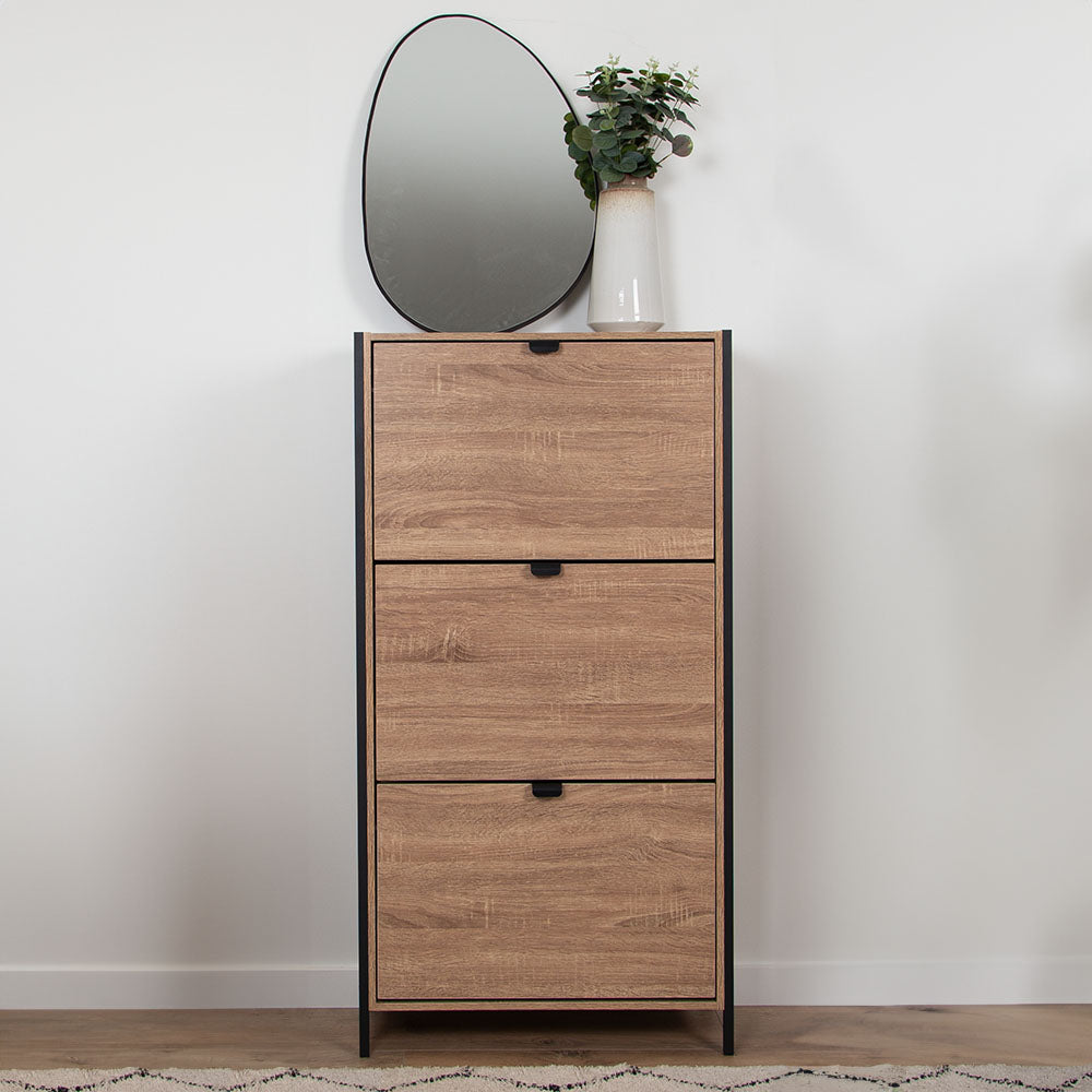Houten Schoenenkast met 3 Deuren – Schoenenrek Hal Kast – 63x122 cm – Zwart Accenten