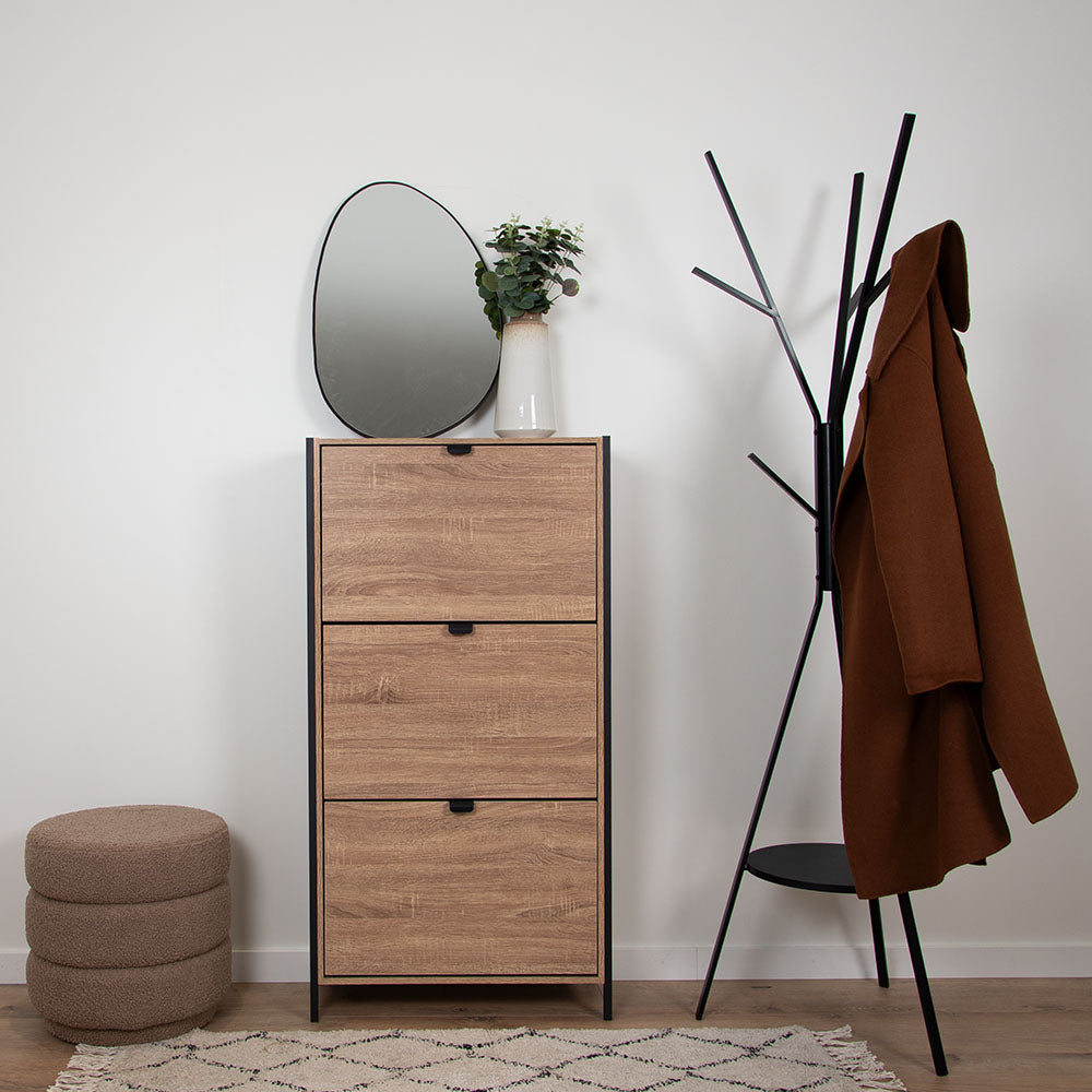 Houten Schoenenkast met 3 Deuren – Schoenenrek Hal Kast – 63x122 cm – Zwart Accenten