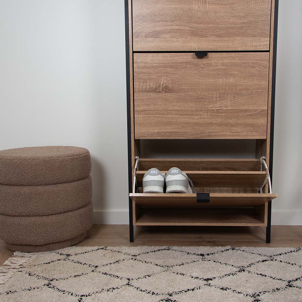 Houten Schoenenkast met 3 Deuren – Schoenenrek Hal Kast – 63x122 cm – Zwart Accenten