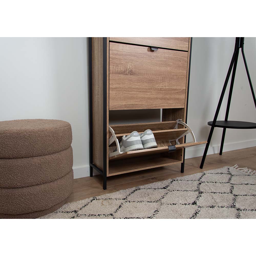 Houten Schoenenkast met 3 Deuren – Schoenenrek Hal Kast – 63x122 cm – Zwart Accenten