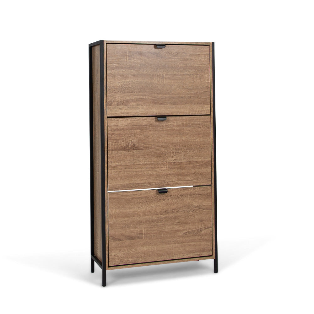 Houten Schoenenkast met 3 Deuren – Schoenenrek Hal Kast – 63x122 cm – Zwart Accenten